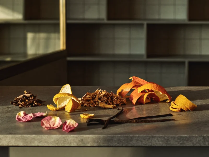 Surovinové ingredience na kamenném pultu: citrusová kůra, vanilka, santalové dřevo, růže